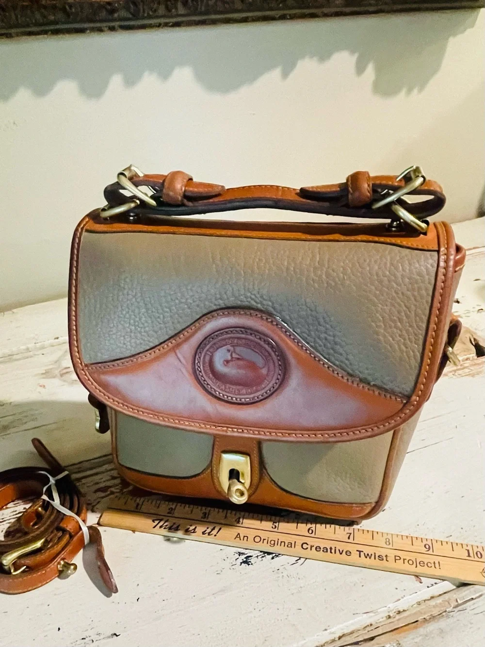 Dooney & Bourke  AWL CarrierTan and Taupe Leather Crossbody Satchel